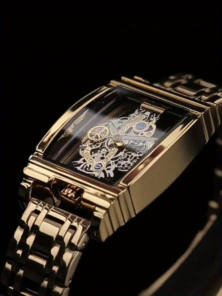 Elegant Men's Golden-Tone Tonneau Watch with Intricate Mechanical Design - Stainless Steel, Luminous Hands & Date Display, Stopwatch Function, Water-Resistant