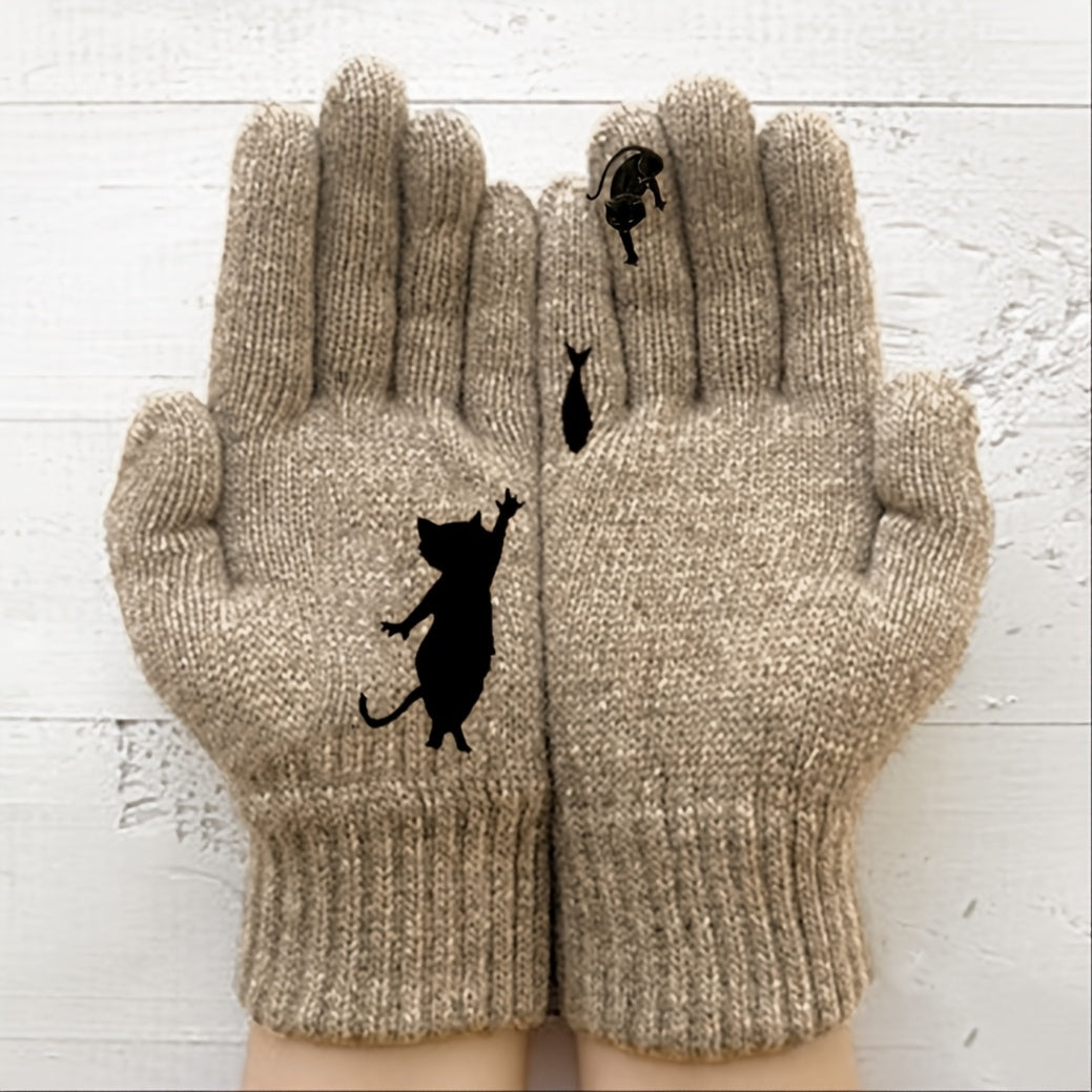 1 Pair of Thick Women's Knit Gloves with Playful Cat Design - Warm, Windproof, Stretchy Acrylic for Outdoor Fun | Machine Washable, Available in Pink, Gray, Black, Beige