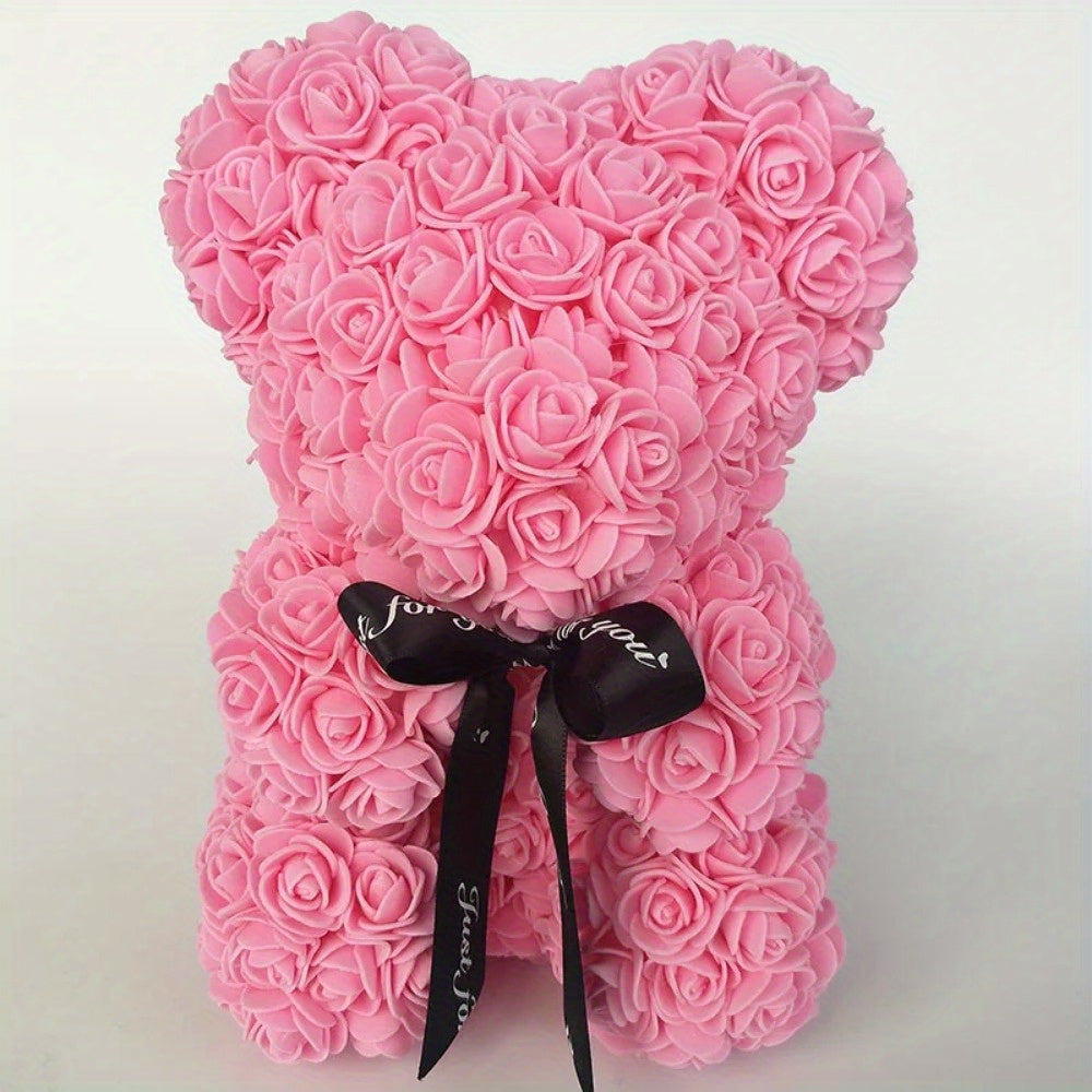 Artificial Rose Bear - 9.84" Foam Flower Teddy - Multi-Occasion Plastic Floral Bear for Valentine's, Mother's Day, Thanksgiving, Birthday