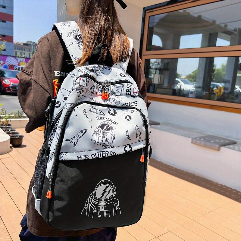 Stylish Nylon Backpack with Adjustable Straps - Black & White Graffiti Design