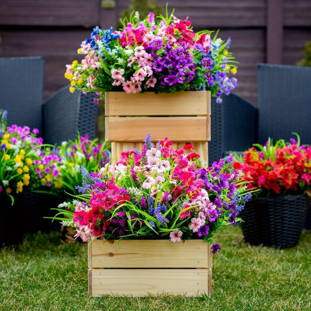 15-Bundle Vibrant Artificial Flower Arrangement - UV Resistant, No-Fade Faux Greenery & Shrubs for Outdoor Garden, Porch, Patio Decor | Lush Spring & Summer Beauty with Pink, Purple, Blue Flowers, Garden Decorations