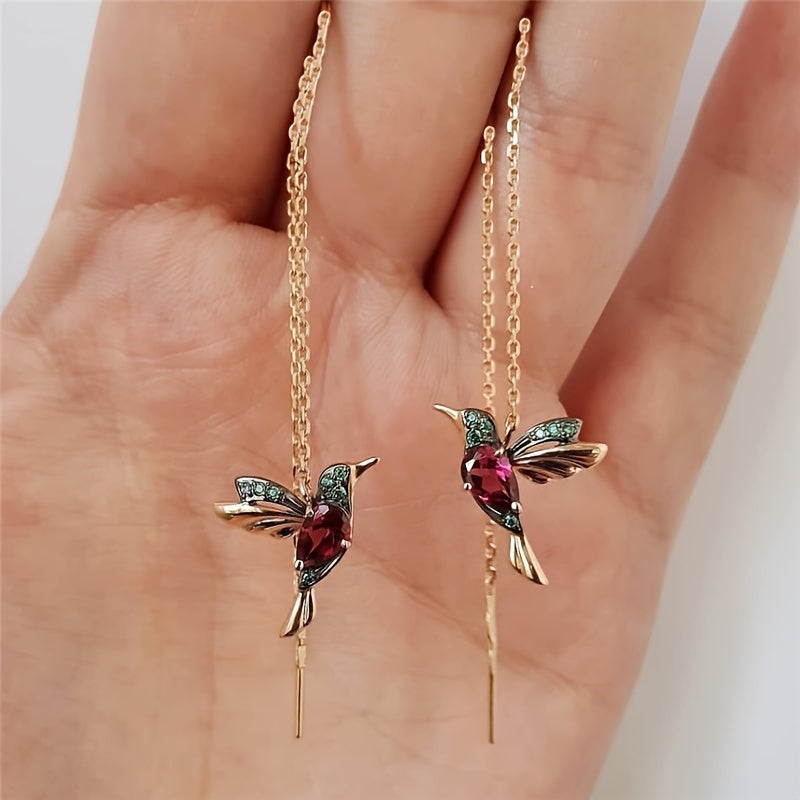 2 Pairs Boho Style Bird Earrings with Synthetic Gems - Hypoallergenic Copper Ear Needle, Nickel-Free Alloy, Mixed Spread Wings Hummingbird Design, Thread-On Fashion Jewelry for Animal Lovers