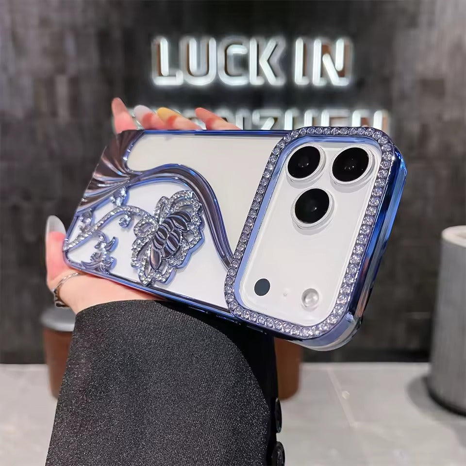 Glitter Rhinestone Flowers Transparent Phone Case For iPhone 17 Pro Max Back Cover-AX