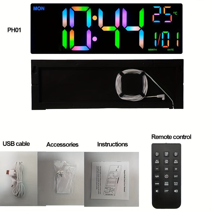 1pc Digital Wall Clock - 16-Inch LED Display, Remote Control, Dual Alarm.