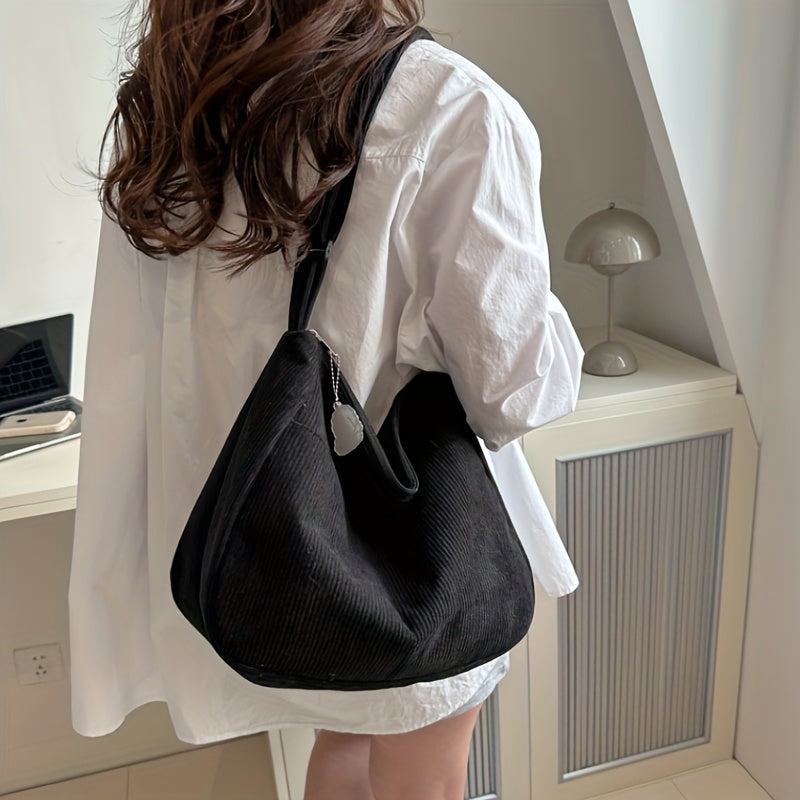 1pc Corduroy Shoulder Bag for Women - Fashionable Striped Large Capacity Casual Crossbody Bag with Zipper Closure, Polyester Lined - White, Black, Pink, Khaki, Dark Brown, Light Green - Versatile for Daily Use - Perfect Gift for Fashionable Women