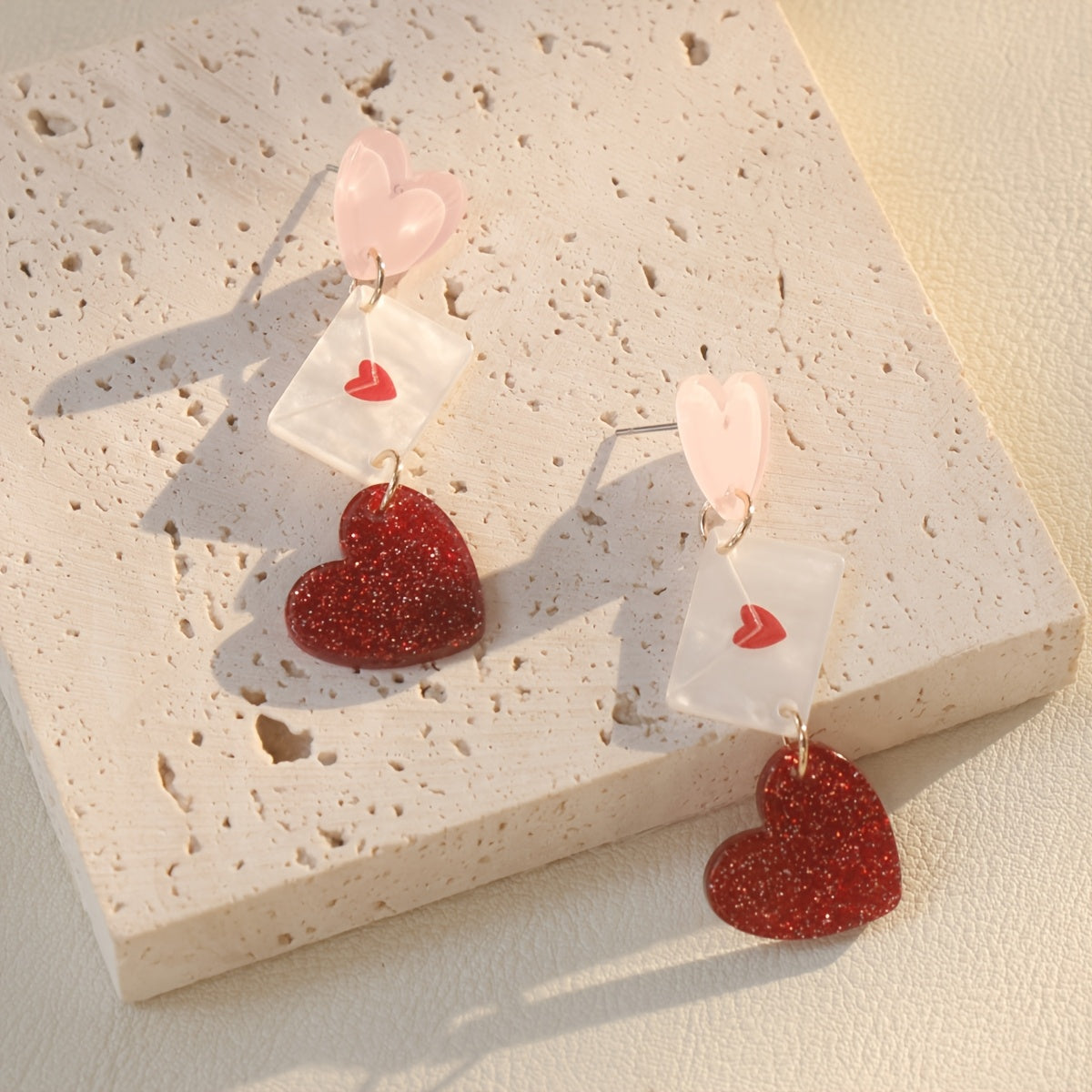 Elegant Vintage-Inspired Pink & Red Heart Dangle Earrings with Sparkling White Envelope - Perfect Valentine's Day Gift for Her