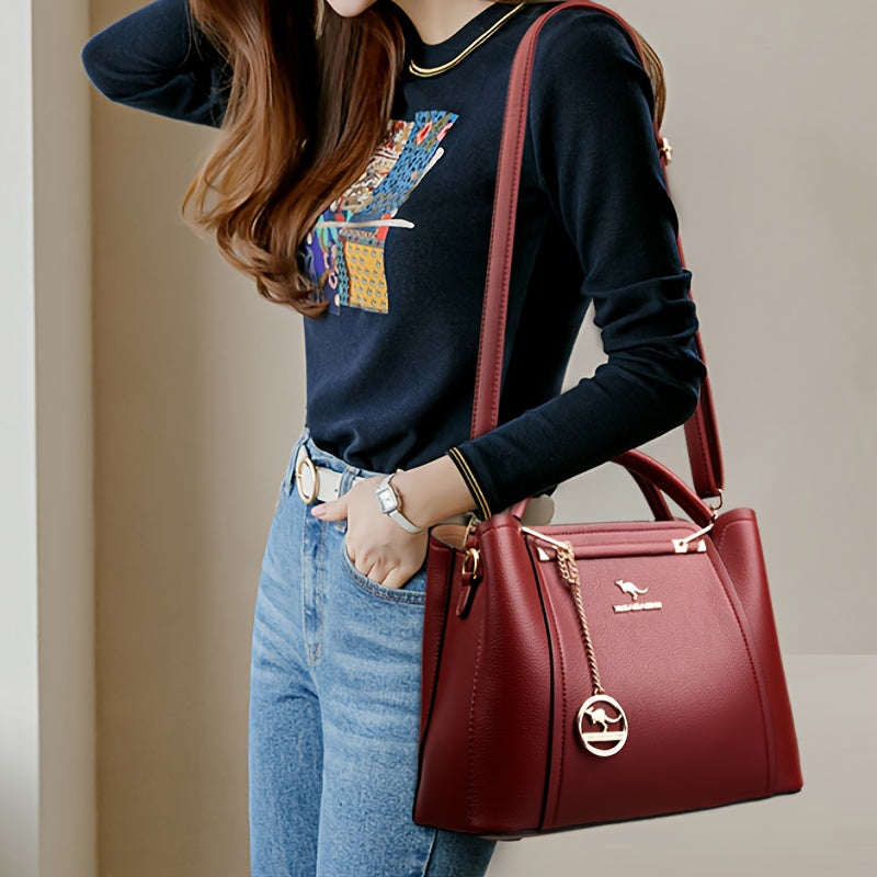 Elegant Women's Synthetic Leather Handbag with Detachable Shoulder Strap – Stylish Black Tote with Golden-Tone Hardware, Chain Strap & Anti-Theft Design – Perfect for Work, Parties & Gifts