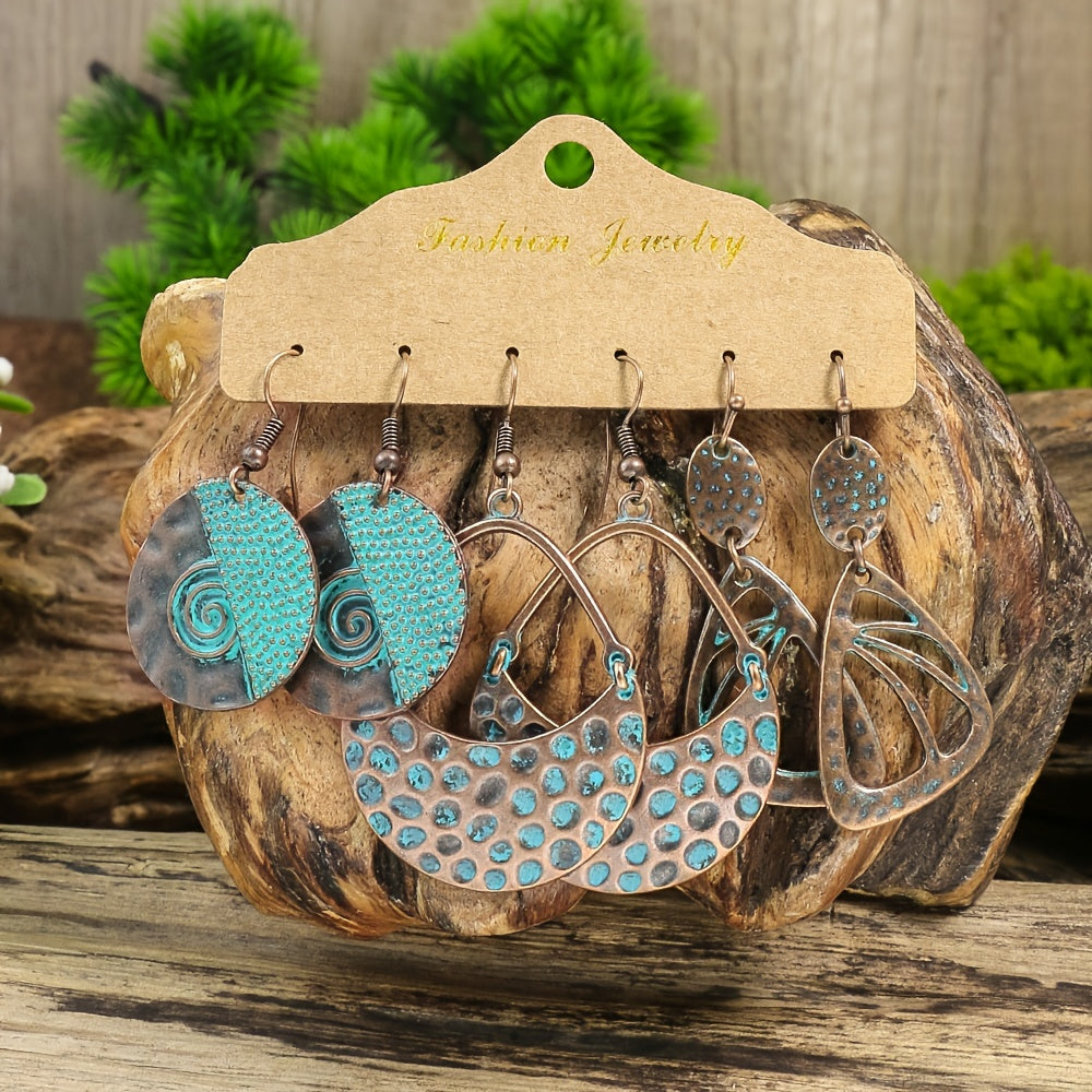 12 Pairs Distressed Retro Style Men's Geometric Scalloped Round Dangle Earrings for Holiday Party