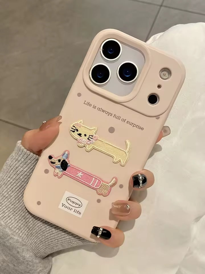 Cartoon Cute Embroidered Puppy Cat Phone Case For iPhone 17 Pro Max Back Cover - AX