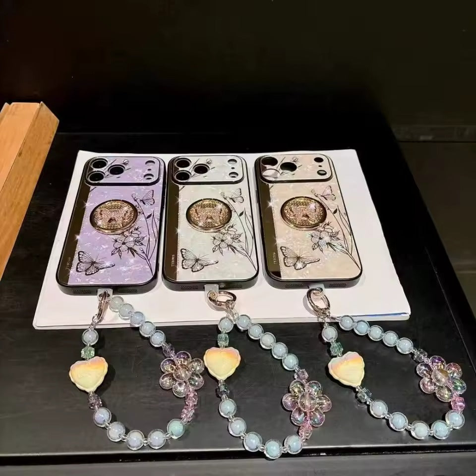 Luxury Girlish Portable Case For IPhone 17 Pro Max Diamond Butterfly Stand Back Cover-AX