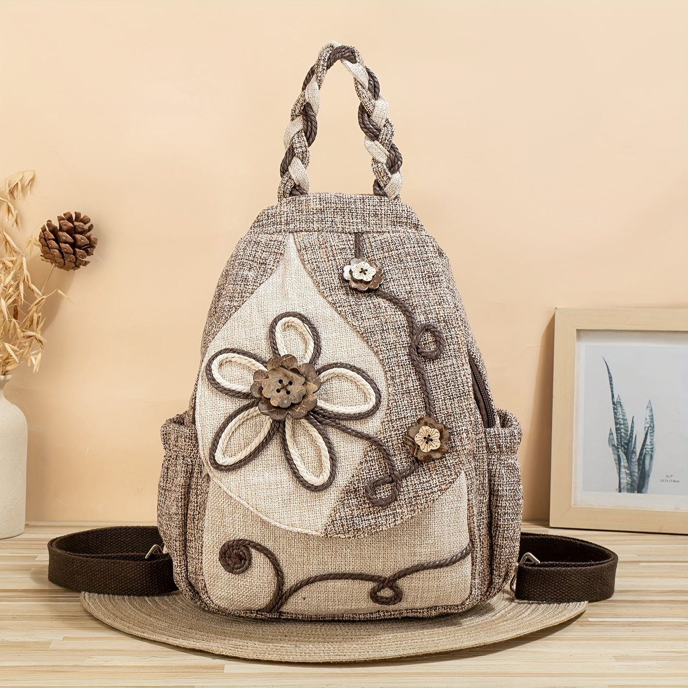 Ethnic Style Handwoven Flower Pattern Multifunctional Backpack For Women & Girls