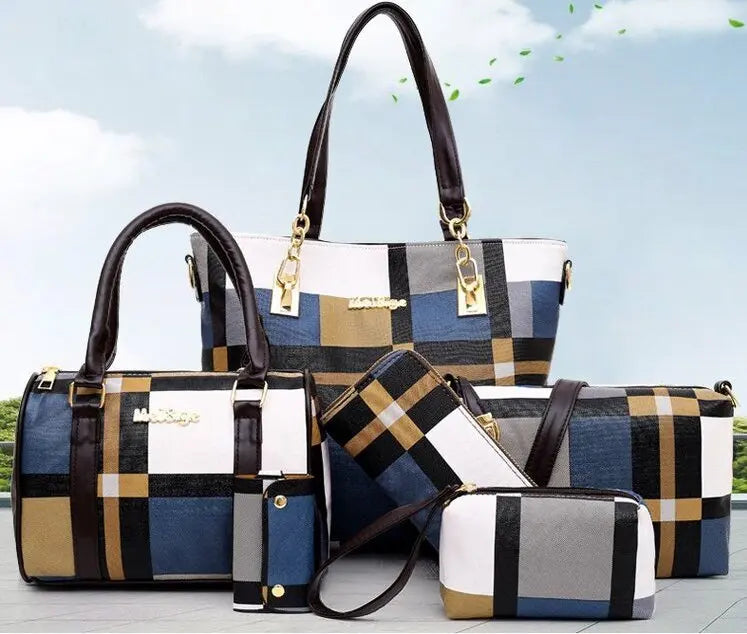New Fashion Luxury Handbags New 6 PCS Set Women Plaid Colors Handbag Female Shoulder Bag Travel Shopping Fashion Bags for Women