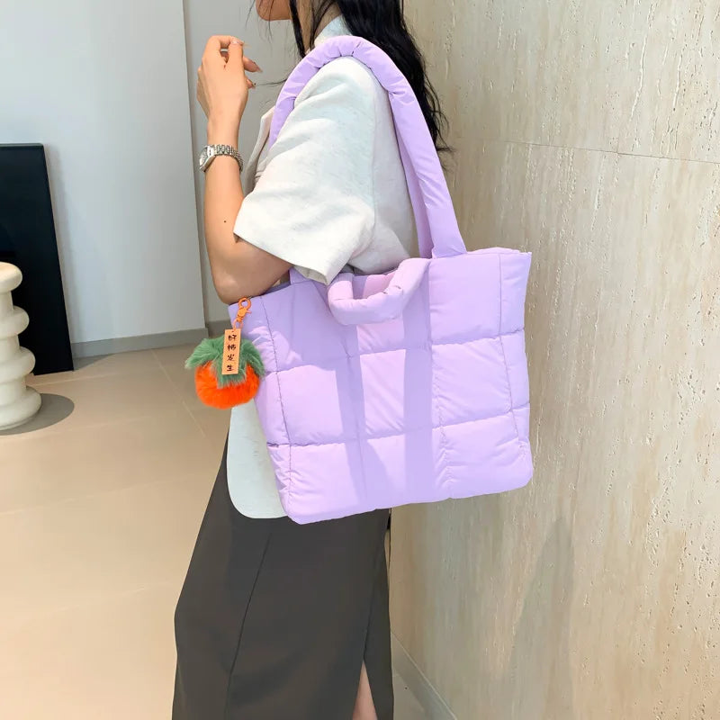 Fashion Down Women's Large Capacity Tote Bag Nylon Designer Zipper Handbag for Outdoor Square Grid Handbag Shoulder Bag