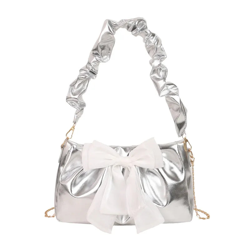 Fashion Pleated Small square Women's Handbag Spring/Antumn New Bow Decoration Armpit Bag Wholesale PU Magnetic Handbag Design