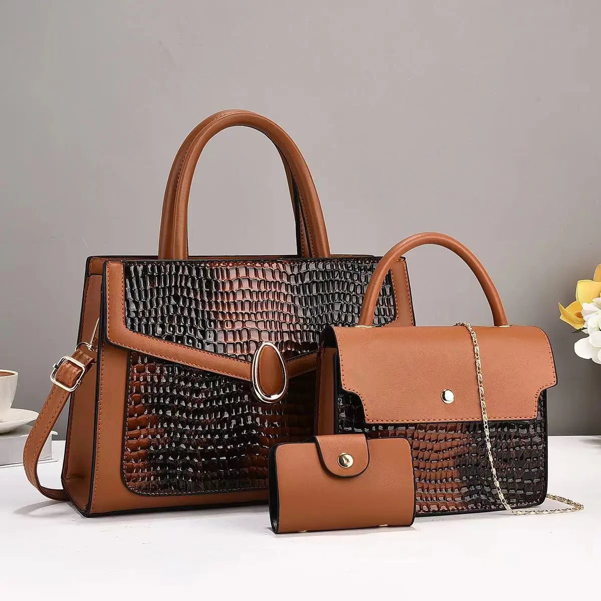 China Shopping Online Handbags for Women Luxury Designer Zipper Shiny Shoulder Crossbody PU Bag Set 2 in 1 Ladies Handbags