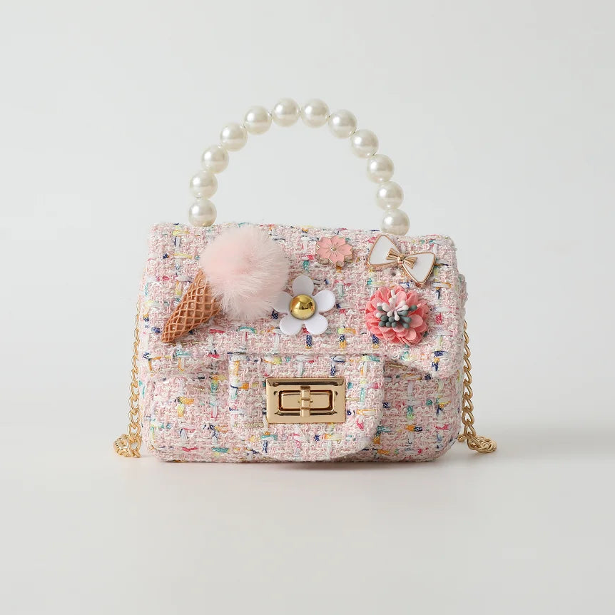 Well-Designed Princess Cute Baby Fashion Pearl Handbag Fashionable Kids Girls Mini Storage Bag Polyester PU Zipper Handbag