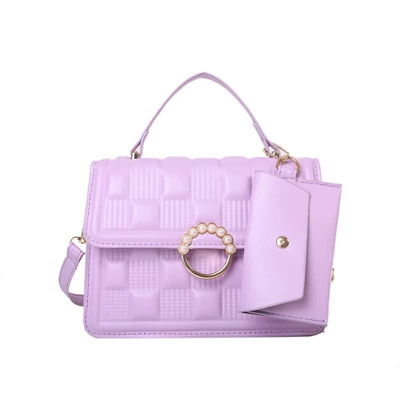 2024 New Fashion Solid Color Shoulder Bag Handbag Lattice Zipper Pu Handbags for Women 2 Pcs 1 Set Bags Woman Ladies