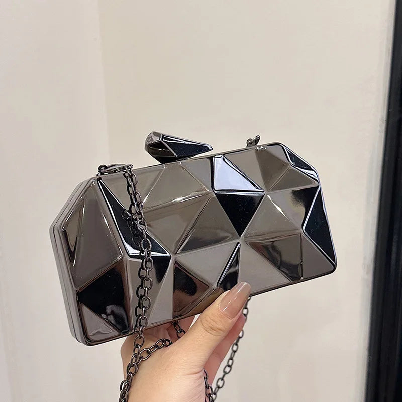 New Fashion Ladies Designer Bags Irregular Rhombus & Square Pattern Metal Chain Clutch Shoulder Bag