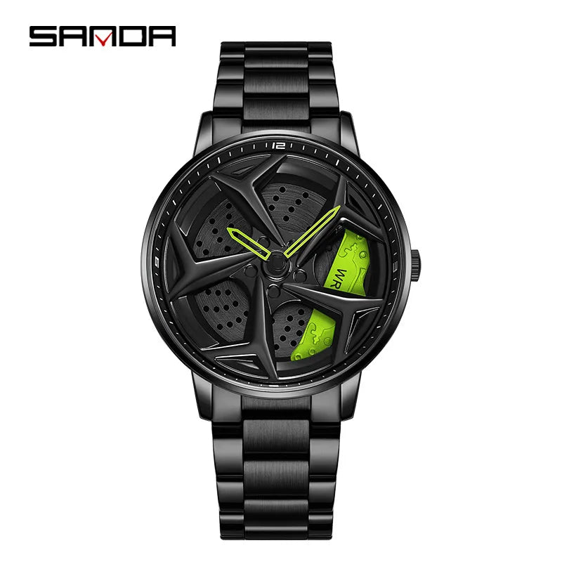 SANDA 1087 Fashion Men Watch Luxury 360 Rotating Car Wheel Dial Sports Quartz Watch Stainless Steel Casual Waterproof Wristwatch
