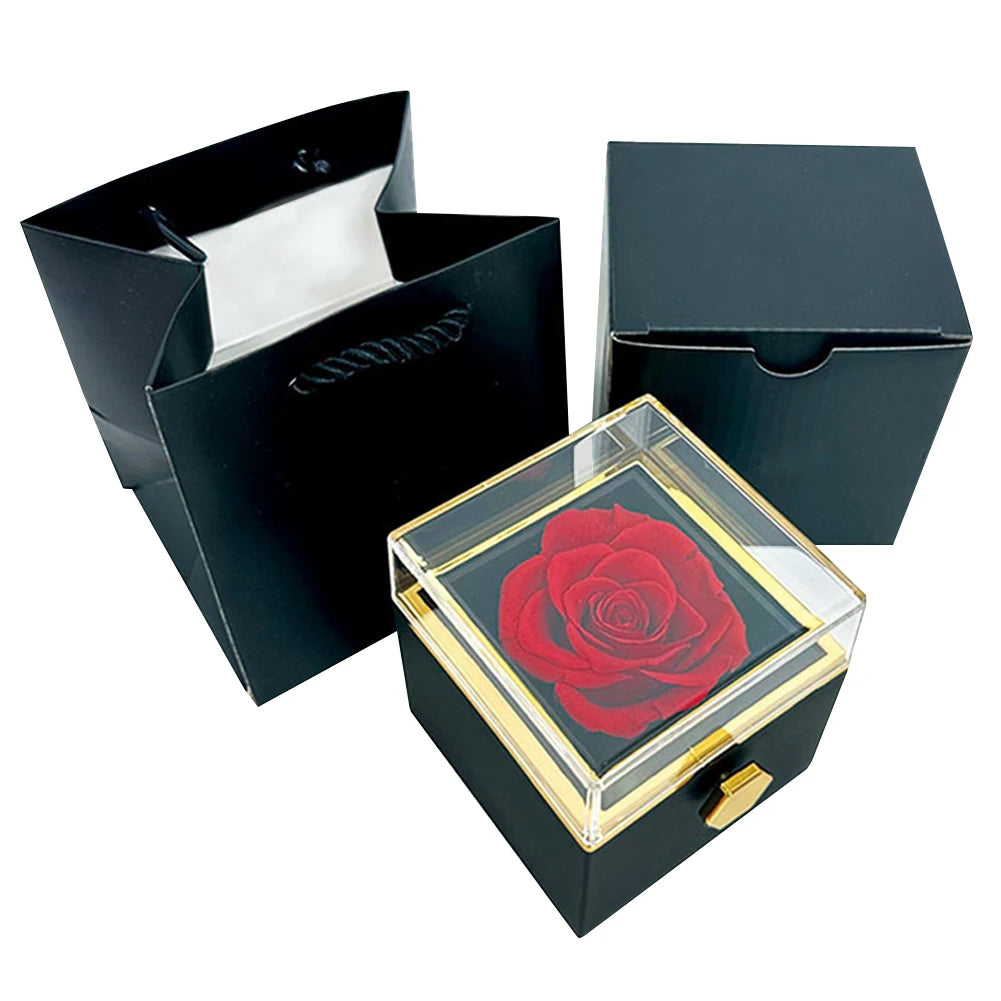 Preserved Rose Gift Box Teddy Bear Eternal Rose Gift Box Jewelry Box for Girl Valentines Christmas Gifts Rotating Bear Rose