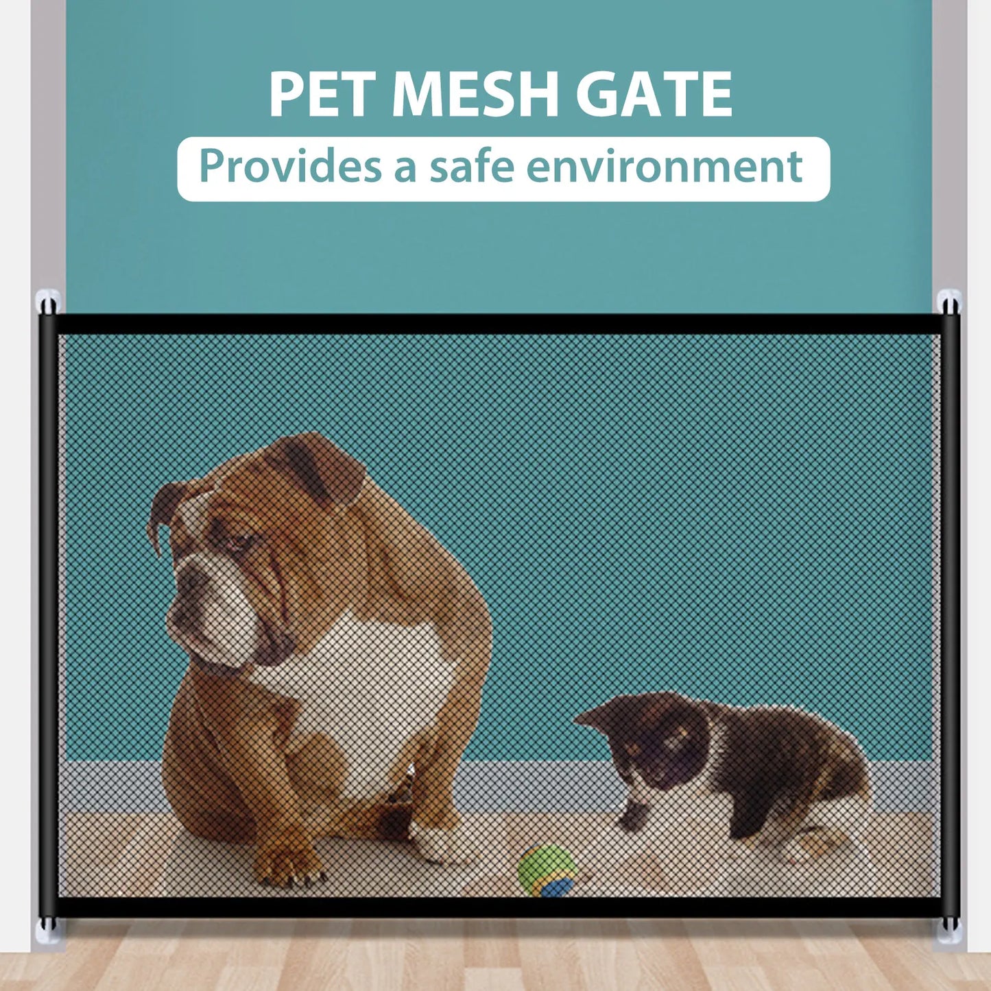 Puerta de malla extensible para perro, cierre plegable con ganchos para escaleras