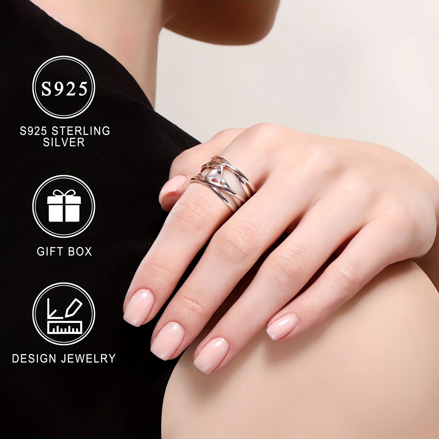 Sterling Silver 925 Heart Band Ring - Elegant French-Style, Nickel-Free, Hypoallergenic, Unique Design - Fashion Jewelry for Women, Daily & Party Accessory, Perfect for Thanksgiving Gift with Gift Box