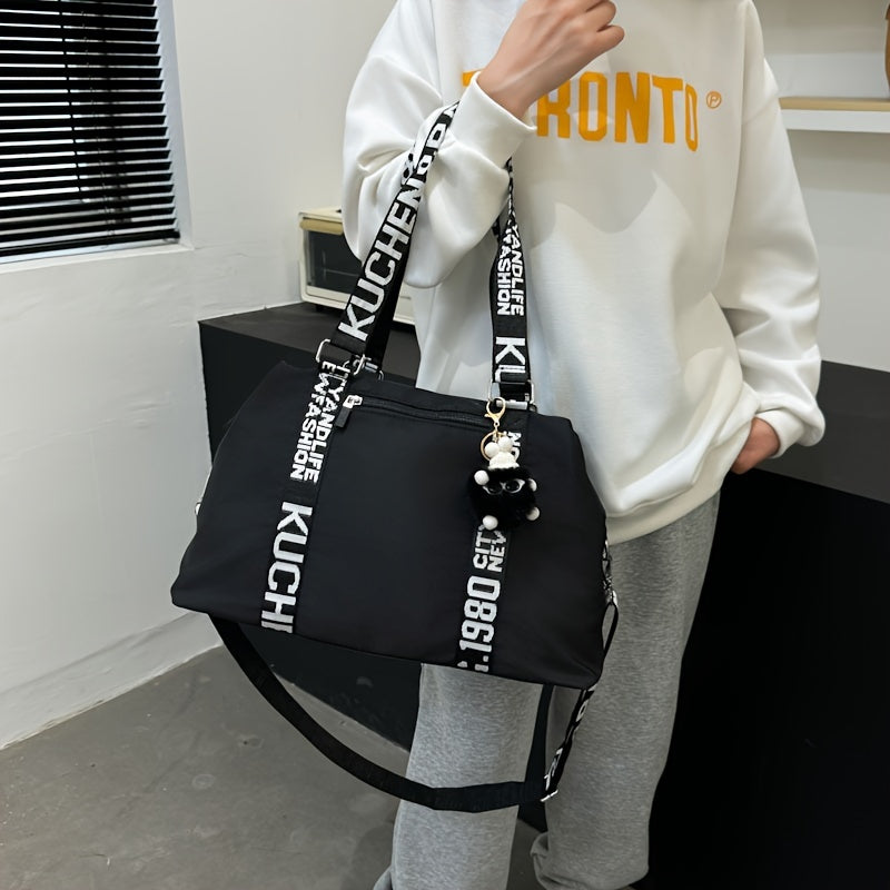 Casual Black Fabric Tote Bag for Women, Large Capacity with Adjustable Strap, Zipper Closure, Polyester Lining, Messenger Bag Style