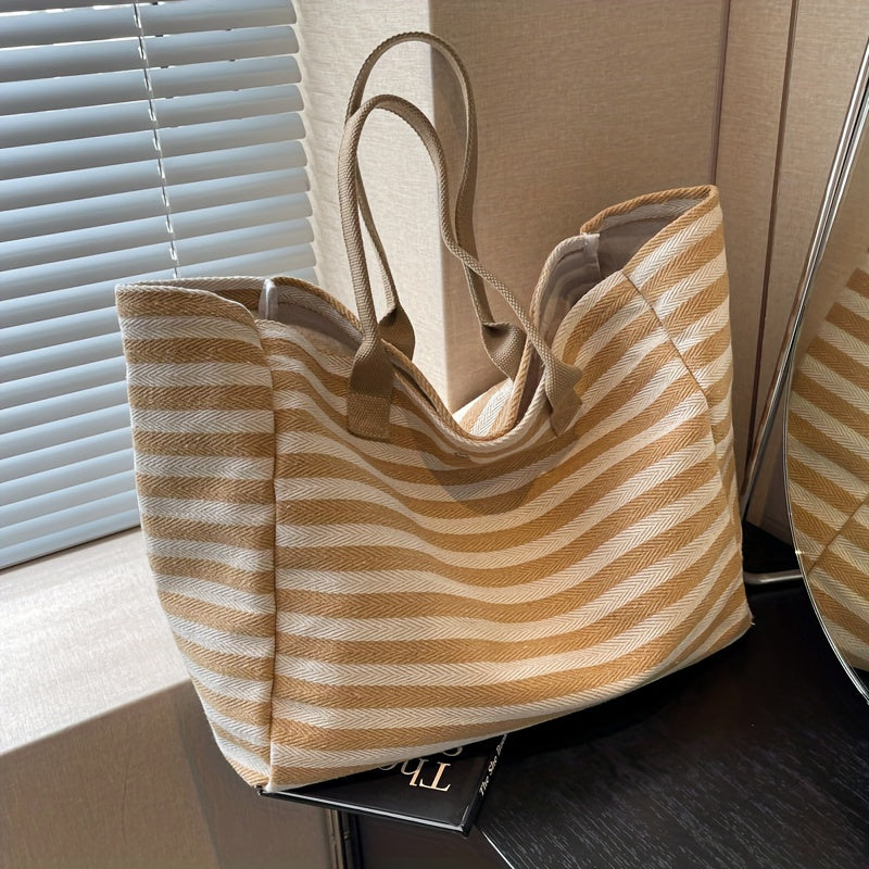 Casual Striped Canvas Tote Bag for Women - Large Capacity Shoulder Bag with Fixed Straps, Magnetic Closure, Unlined Interior - Versatile Carryall Handbag - For Everyday Use & Shopping - Perfect Gift for Women