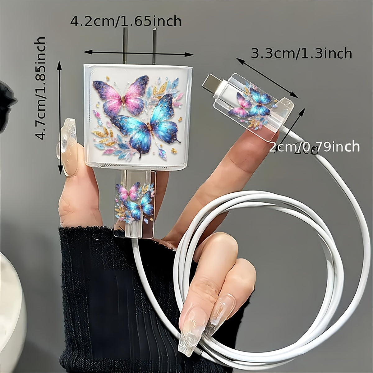 3pcs Colorful Butterfly Pattern Transparent TPU Charger Protector Set for iPhone - Includes 18W/20W Adapter & Cable Head Covers, Durable and Stylish Protection