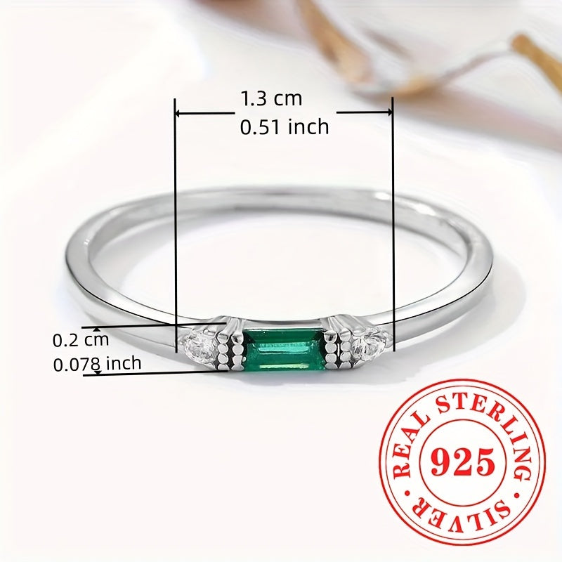 925 Sterling Silver Baguette Ring With Cubic zirconia And Synthetic Green Gemstone Decor, Simple Style Daily Casual And Party Stackable Thin Band Jewelry Gifts For Women