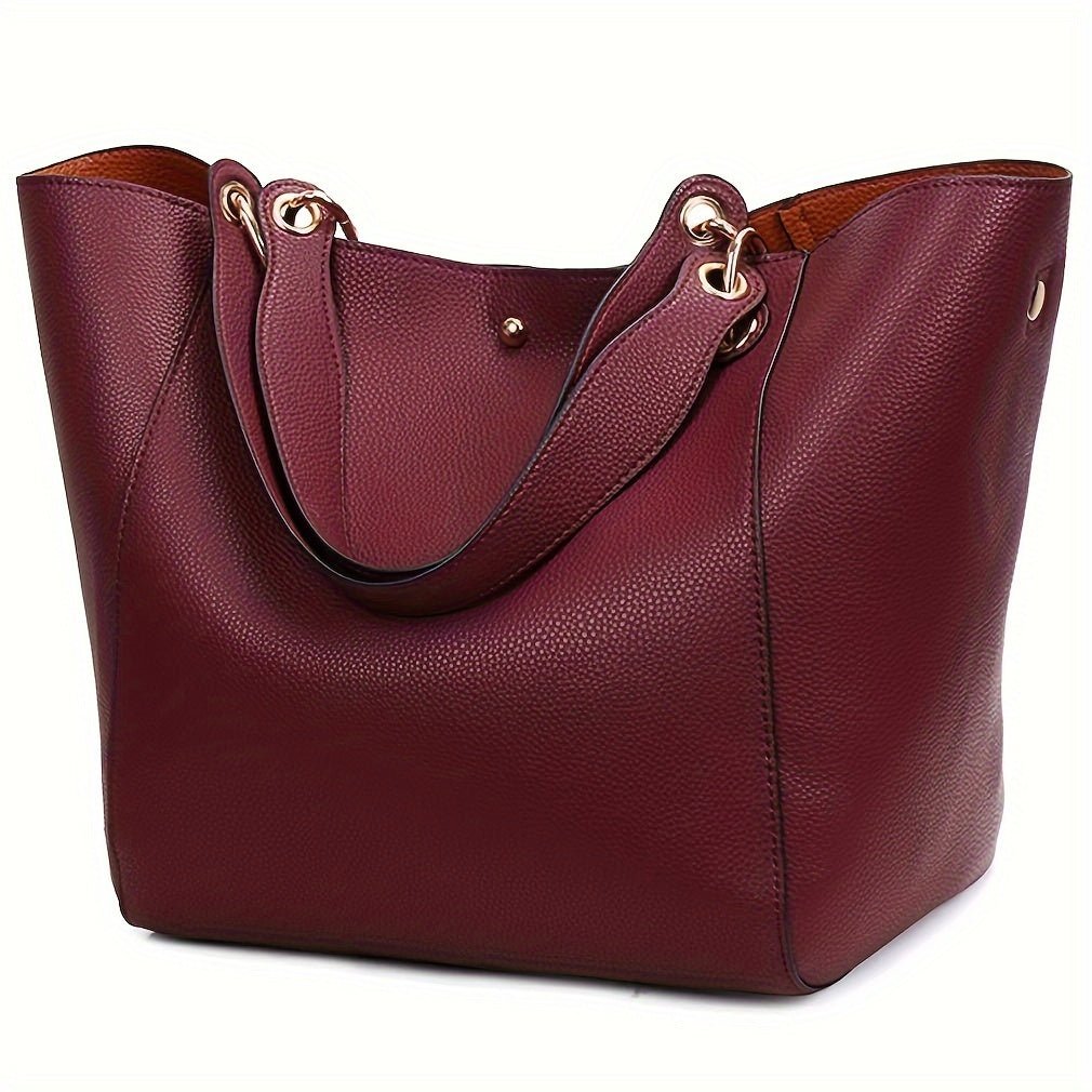 Large Capacity Women's Synthetic Leather Tote Bag - Stylish Bucket Purse with Detachable Shoulder Strap, Golden - Tone Hardware & Decorative Studs, Available in Multiple Colors (Black, Khaki, Light Brown, Blue, Wine Red) - buythingsusa