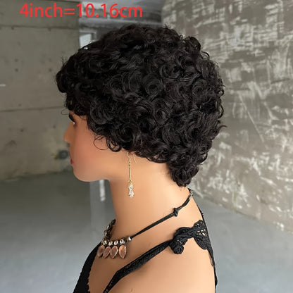 Elegant Pixie Cut Wig for Women - Natural Black, Kinky Curly Brazilian Human Hair, Glueless with Rose Net Cap, 150% Density