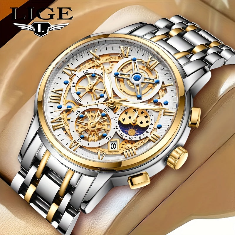 Noble Luxury Business men's Watch Stainless Steel Strap. Fashion Creative Gear Dial Luminous Calendar Quartz Watches. Suitable for family gatherings as gifts