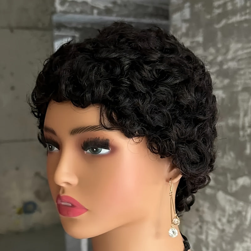 Elegant Pixie Cut Wig for Women - Natural Black, Kinky Curly Brazilian Human Hair, Glueless with Rose Net Cap, 150% Density