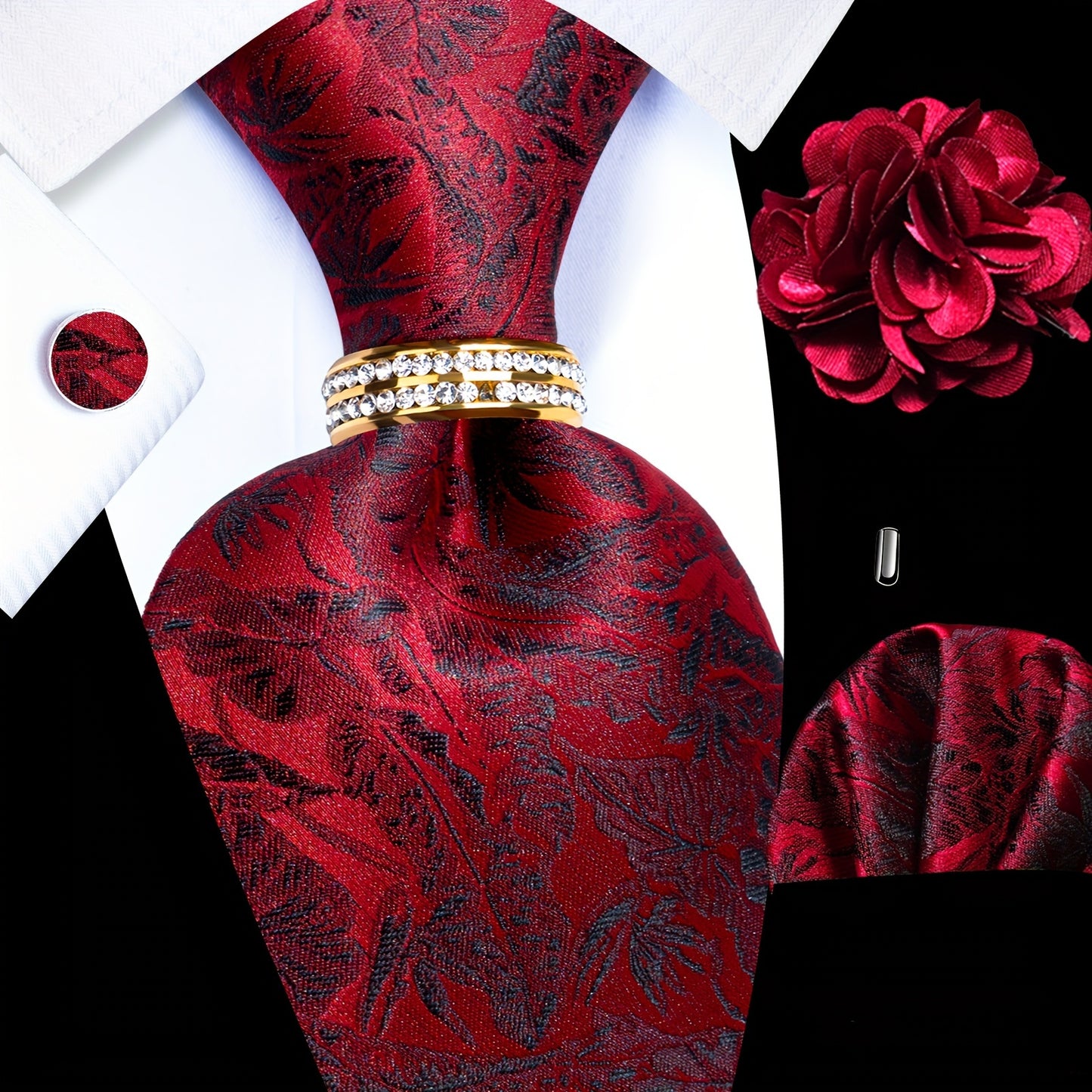 5PCS Men's Luxury Tie Set with Pocket Square, Cufflinks, Drilled Tie Ring, and Lapel Pin