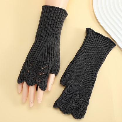 1 Pair Preppy Style Women'S Fingerless Gloves - Acrylic Knit Fish Scale Pattern, Elastic Warm Arm Warmers for Casual Weekend, Decorative Half Finger Outdoor Gloves, 100% Acrylic, Solid Color