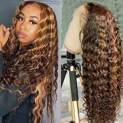 Highlight Wig Human Hair 13X4 Deep Wave Frontal Wig P4/27 Honey Blonde Highlighted Lace Frontal Wigs For Women