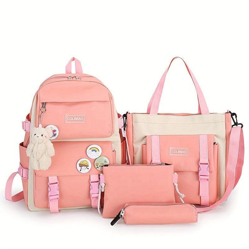 4pcs/set Simple Casual Backpack Large Capacity School Bag Travel Bag Canvas Shoulder Bag For Students