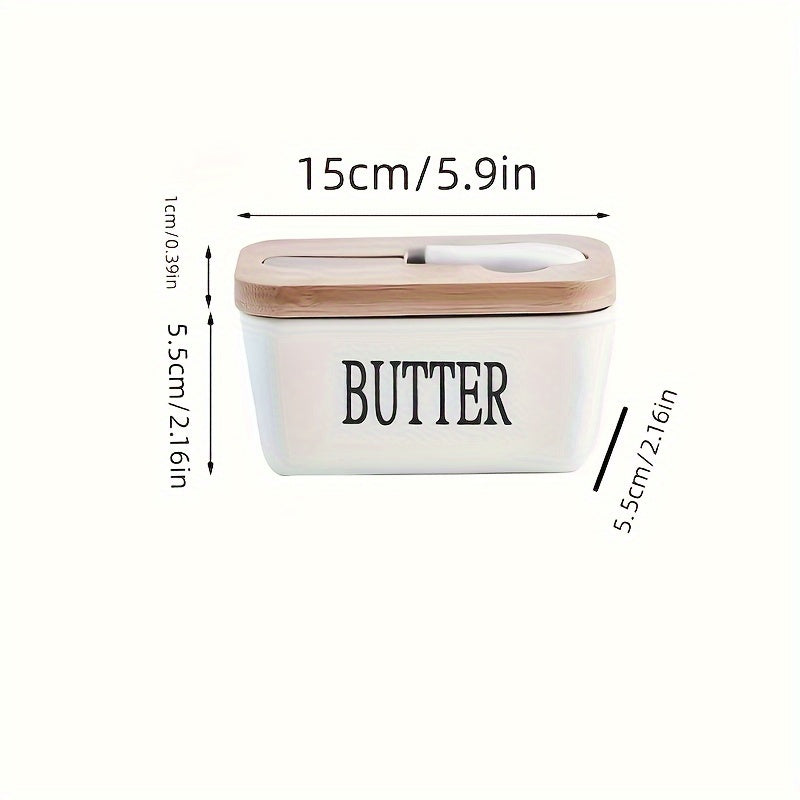 1pc Ceramic Butter Dish Set with Bamboo Lid and Knife - Airtight Silicone Sealed Butter Keeper for Kitchen Countertop and Refrigerator - Ideal for Baking and Gifting