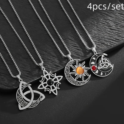 4pcs/set Irish Trinity Knot Celtic Moon Necklace for Men Women Stainless Steel Vintage Triquetra Lucky Amulet Jewelry