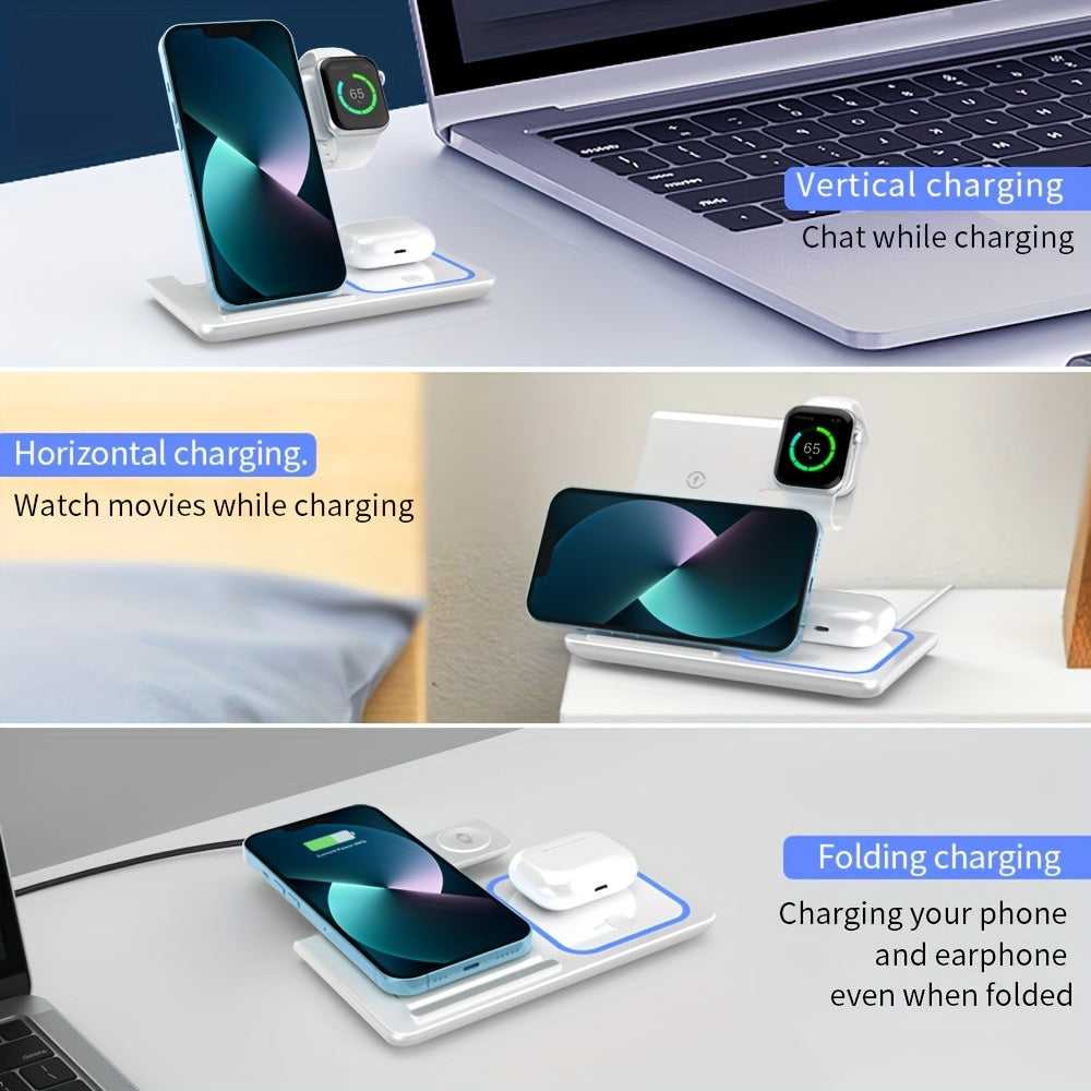 Wireless Charging Station 3-in-1 Standard 15W Fast Mag-Safe Charger Stand with QC3.0 Adapter, Suitable for iPhone 15 14 13 12 11 x 8 Pro Max/Pro/Mini/Plus, iWatch Ultra 9/8 7/6/5/4/3/2, AirPods 3/2