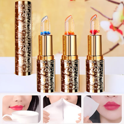 3pcs Flower-Shaped Crystal Gel Lipstick Set - Color Changing with Temperature, Moisturizing & Non-Sticky, 3 Shades, Long-Lasting Hydration