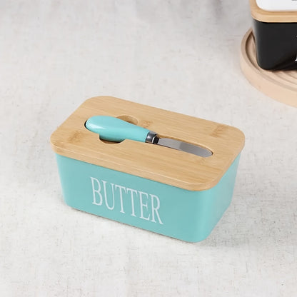 1pc Ceramic Butter Dish Set with Bamboo Lid and Knife - Airtight Silicone Sealed Butter Keeper for Kitchen Countertop and Refrigerator - Ideal for Baking and Gifting