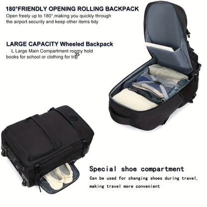 Travel Rolling Backpack, Travel Large Backpack Duffel Bag With Wheels, 17 Inch Laptop Backpack With Shoe Compartment, Trolley Suitcase Business College Ladies Men