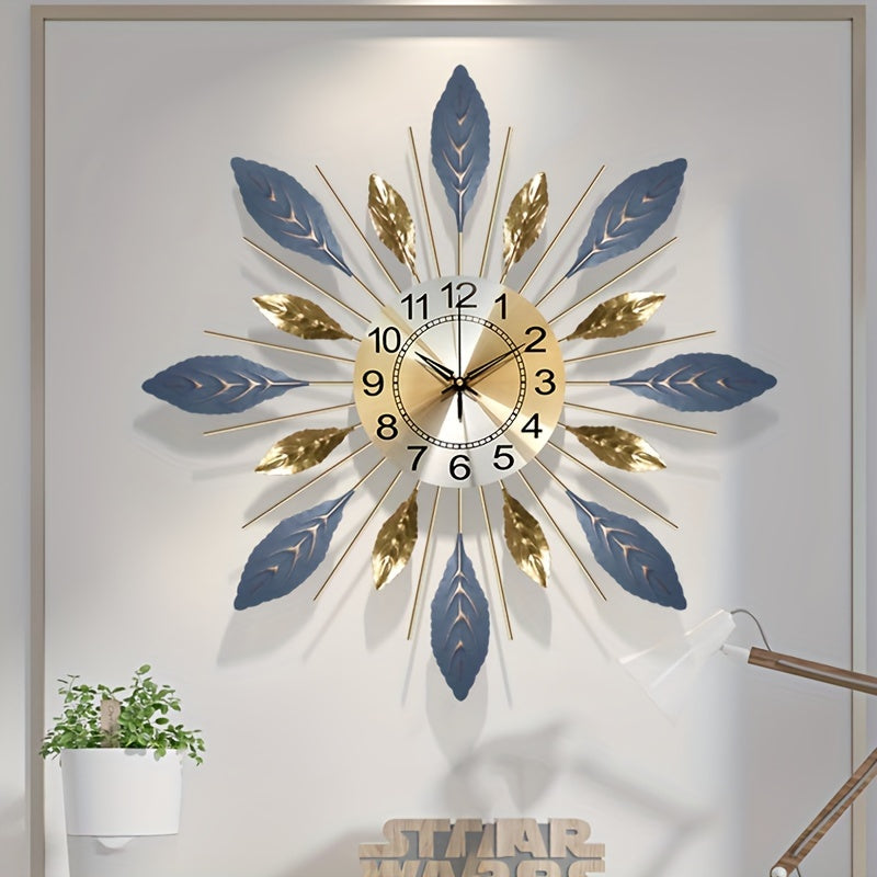 Luxury 21.6-Inch Golden Blue Metal Leaf Design Wall Clock - Silent Non-Ticking