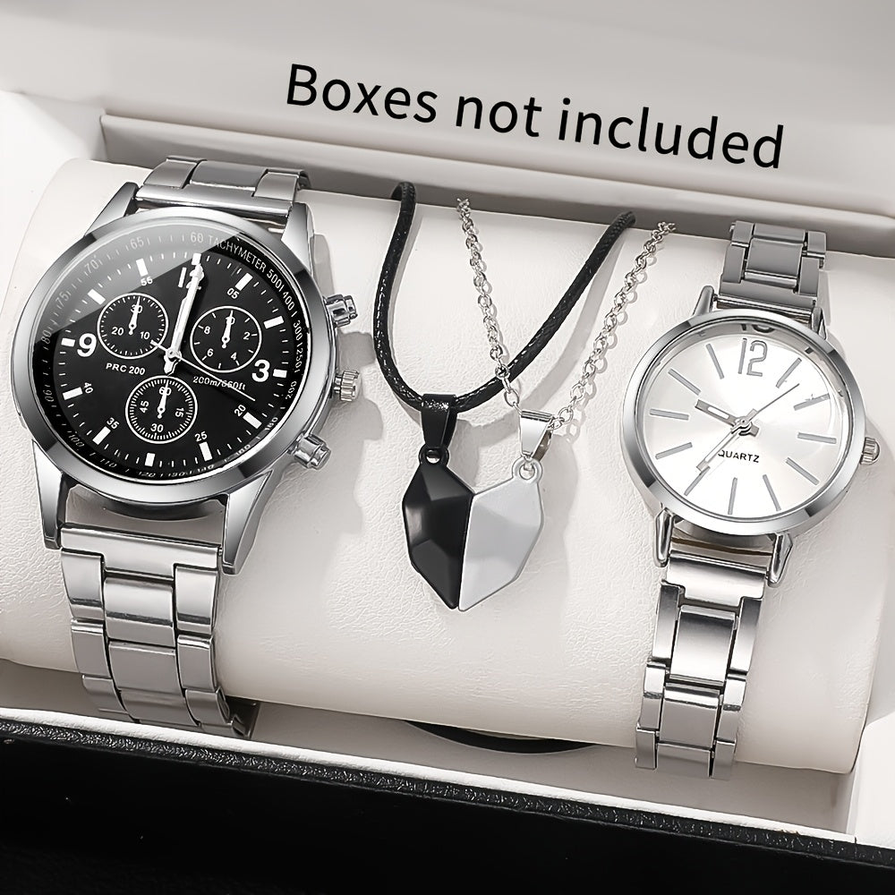 4pcs Chic Couples' Quartz Watch Set with Steel Bands & Magnetic Heart Necklaces