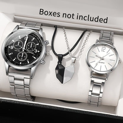 4pcs Chic Couples' Quartz Watch Set with Steel Bands & Magnetic Heart Necklaces
