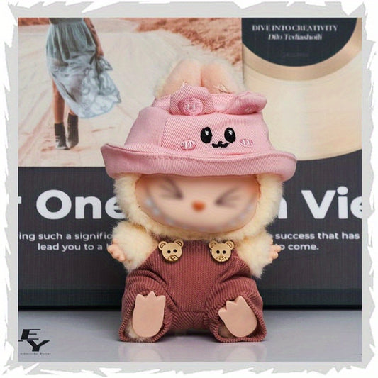Clothes Set Compatible with Labubu, 6.7 Inches Cute Doll Clothes for Dress up Unique Style- Deep Pink Strap& Pink Rabbit Hat