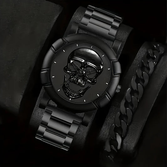 Avant-Garde Skull Men's Quartz Watch and Bracelet Set - Non-Waterproof Stainless Steel Fashion Accessory with Zinc Alloy Case, Round Pointer Display, Electronic Drive - 2pcs Stylish Gift Set, With Gift Box Packaging