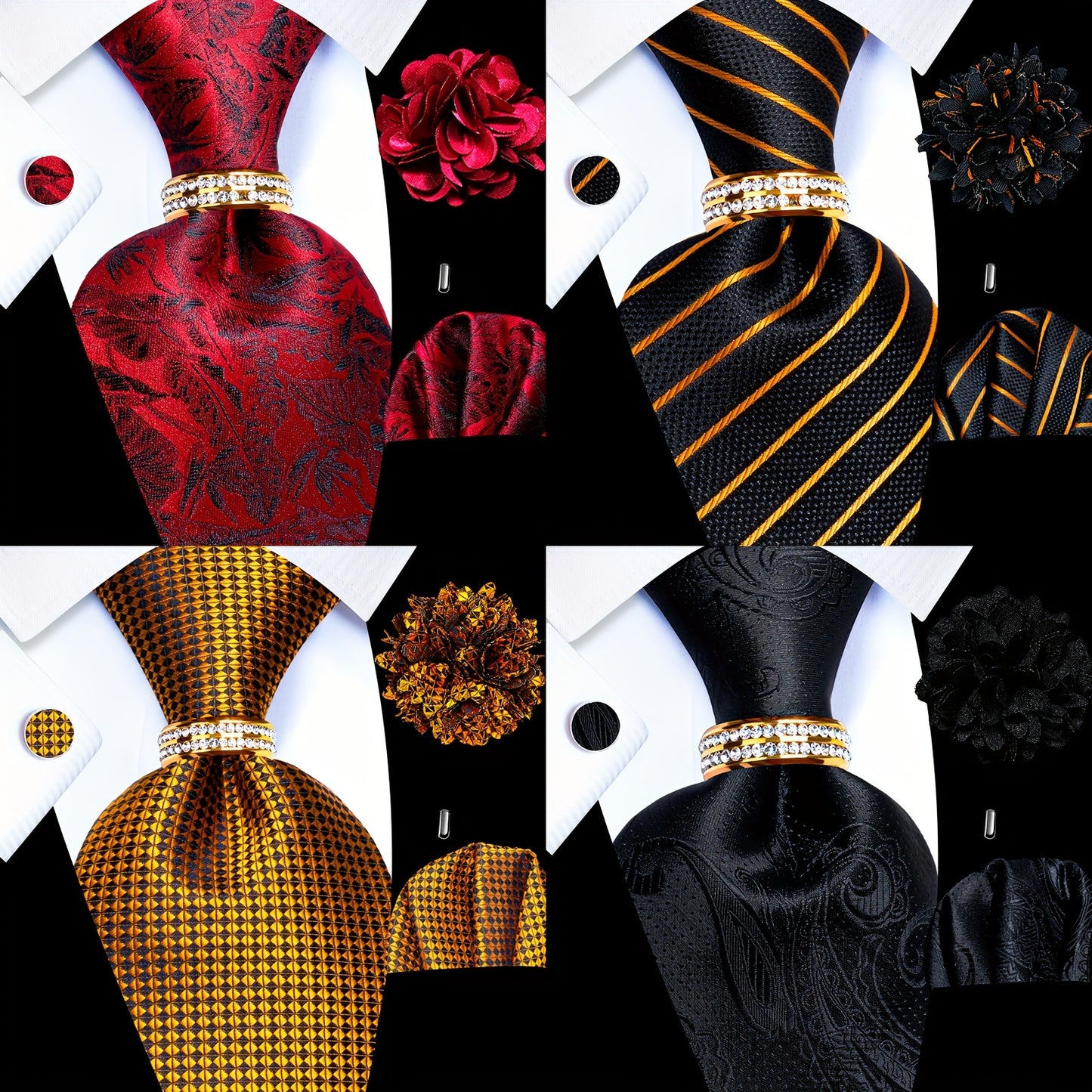 5PCS Men's Luxury Tie Set with Pocket Square, Cufflinks, Drilled Tie Ring, and Lapel Pin